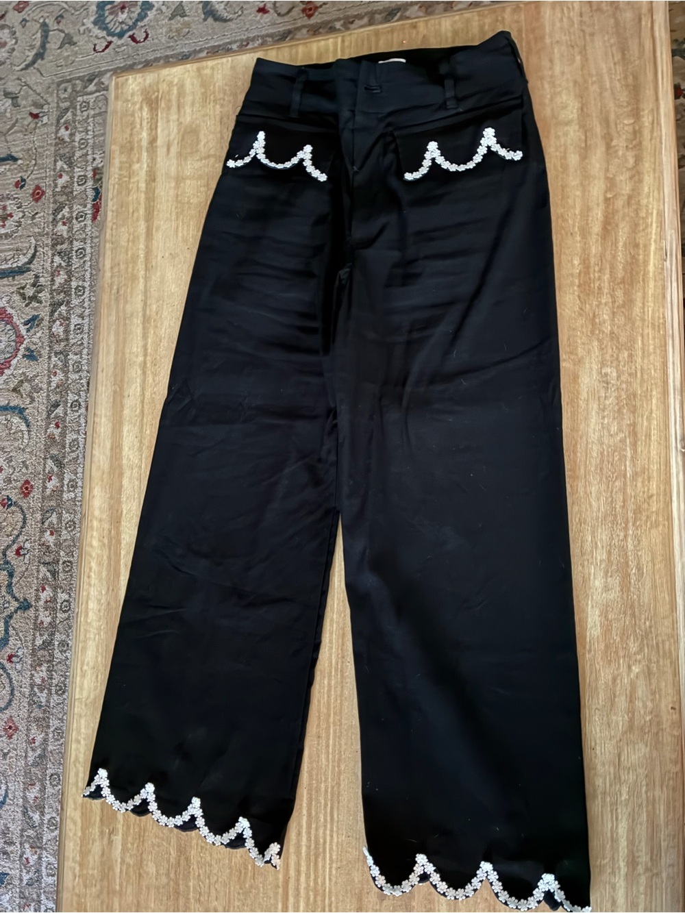 Pilcro Black Wide-Leg Pants with White Beaded Scallop Trim